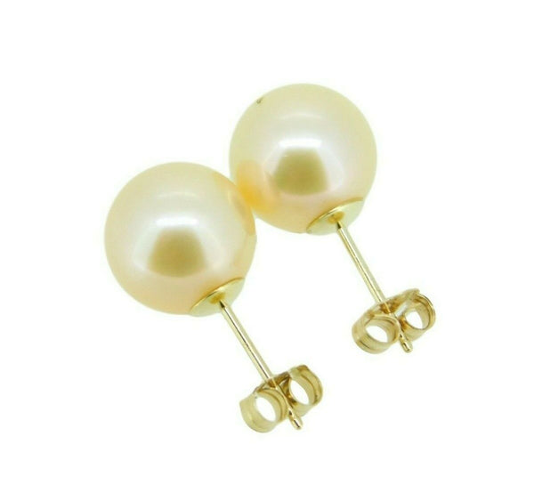 14k Yellow Gold 9mm Peach Freshwater Pearl Post Stud Earrings (#J4565)