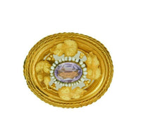 18k Yellow Gold Georgian Amethyst and Seed Pearls Leaf Pin (#J4599)