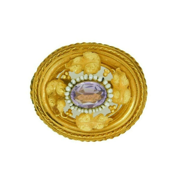 18k Yellow Gold Georgian Amethyst and Seed Pearls Leaf Pin (#J4599)