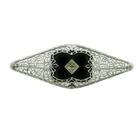 10k White Gold Filigree Genuine Natural Onyx and Diamond Pin (#J4661)