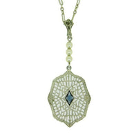 Art Deco 10k White Gold Filigree Pendant Synthetic Blue Sapphire (#J4677)