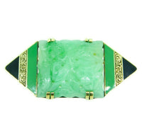 Art Deco 14k Yellow Gold Carved Jade Enamel Pin (#J4703)