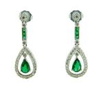 18k White Gold Genuine Natural Emerald and Diamond Deco Style Earrings (#J4716)