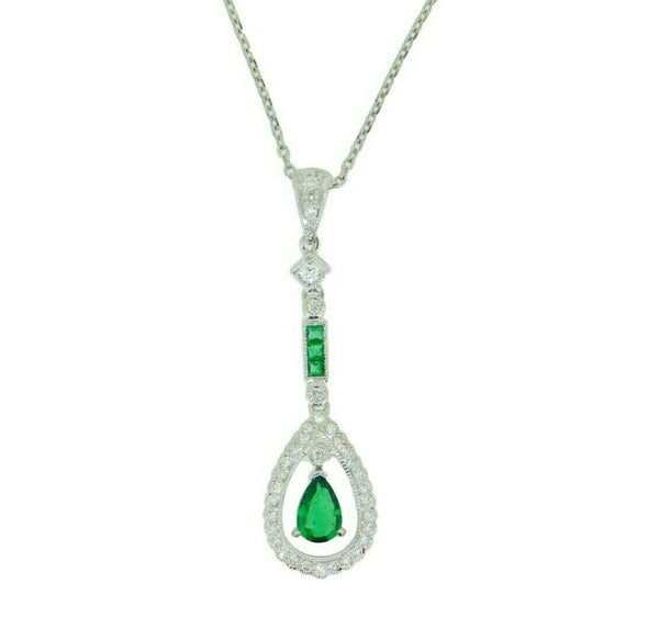 18k White Gold Genuine Natural Emerald and Diamond Deco Style Pendant (#J4717)