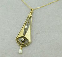 10k Yellow Gold Diamond and Pearl Lavaliere Pendant (#J4761)