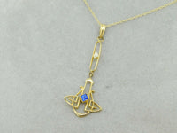 10k Yellow Gold Lavaliere Pendant with Blue Glass and Pearl (#J4762)
