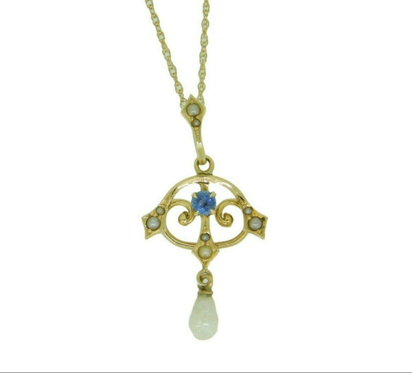 14k Yellow Gold Lavaliere Pendant Blue Sapphire and Pearls (#J4802)