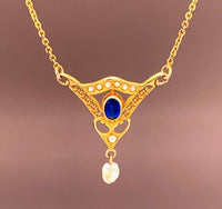 10k Yellow Gold Lavaliere Pendant Blue Glass Stone and Pearls (#J4805)