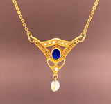 10k Yellow Gold Lavaliere Pendant Blue Glass Stone and Pearls (#J4805)