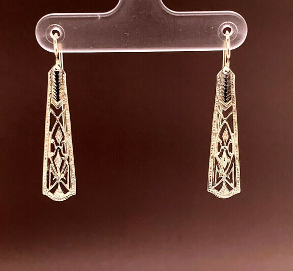 14k White Gold Art Deco Filigree Earrings Wire Hooks (#J4811)