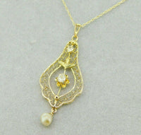 10k Yellow Gold Lavaliere Pendant Diamond Pearls 14k Chain (#J4812)