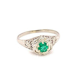 Art Deco 18k White Gold Filigree .24ct Genuine Natural Emerald Ring (#J4824)