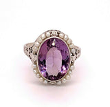 Art Deco 14k White Gold Filigree Amethyst Ring with Seed Pearls (#J4827)