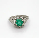 Filigree 14k White Gold Art Deco .86ct Genuine Natural Emerald Ring (#J4828)