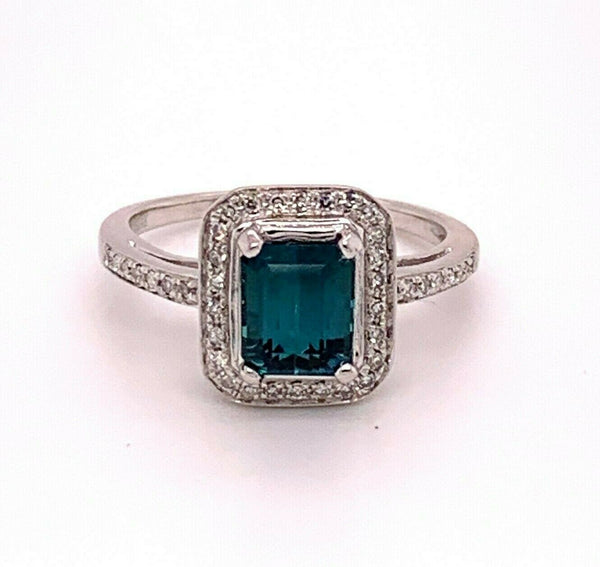 14k Gold Blue Green Genuine Natural Tourmaline and Diamond Halo Ring (#J4829)