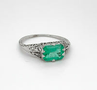 Art Deco 14k White Gold Filigree 1.41ct Genuine Natural Emerald Ring (#J4830)