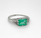 Art Deco 14k White Gold Filigree 1.41ct Genuine Natural Emerald Ring (#J4830)