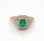 14k Gold Genuine Natural Emerald and Diamond Vintage Engraved Ring (#J4832)