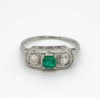 18k Gold Art Deco .32ct Genuine Natural Emerald and Diamond Filigree Ring #J4836