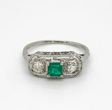 18k Gold Art Deco .32ct Genuine Natural Emerald and Diamond Filigree Ring #J4836