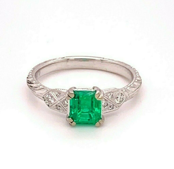 14k White Gold .89ct Genuine Natural Fine Emerald and Diamond Ring (#J4840)