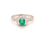 18k Gold Art Deco .56ct Genuine Natural Emerald Ring w/Engraved Flowers (#J4856)