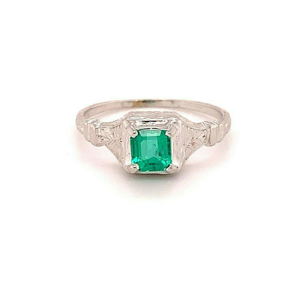 18k Gold Art Deco .56ct Genuine Natural Emerald Ring w/Engraved Flowers (#J4856)