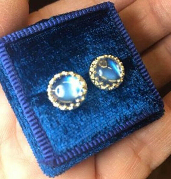 14k Gold Genuine Natural Moonstone Stud Earrings Blue Flash (#J4897)