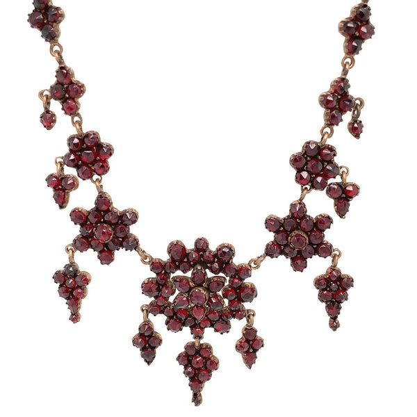 Genuine Natural Bohemian Garnet Rosette Drop Necklace (#J4911)