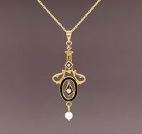10k Yellow Gold Seed Pearls and Black Enamel Lavaliere Pendant (#J4956)