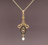 10k Yellow Gold Seed Pearls and Black Enamel Lavaliere Pendant (#J4956)