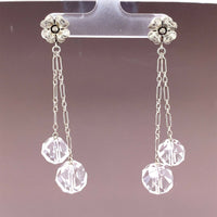 14k Gold Long Deco Earrings Genuine Natural Rock Crystal and Flowers (#J4993)