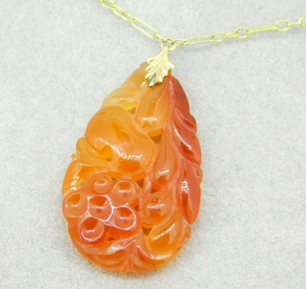 Art Deco 10k Gold Chinese Carved Genuine Natural Carnelian Necklace (#J5001)