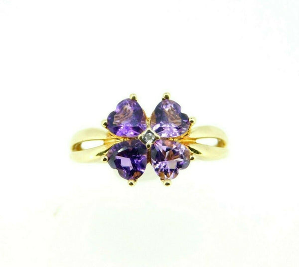 14k Yellow Gold Genuine Natural Amethyst and Diamond Heart Clover Ring (#J5008)