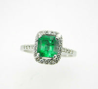 18k Gold 1 1/2 Carat Genuine Natural Emerald and Diamond Halo Ring (#J5055)