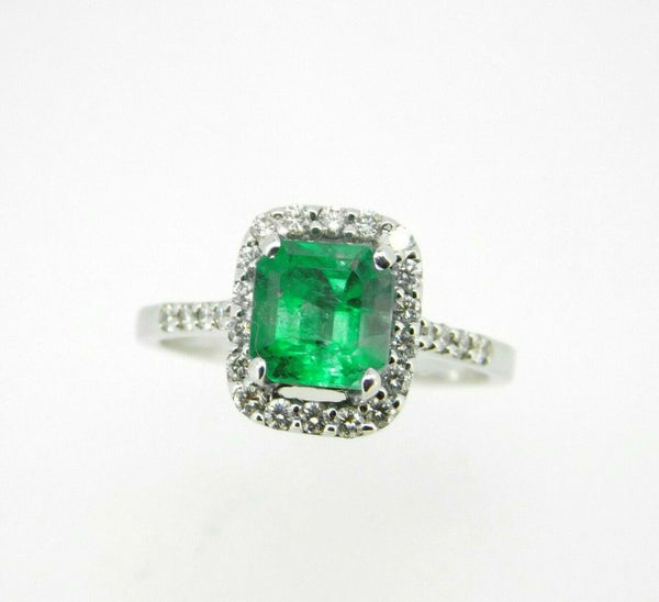 18k Gold 1 1/2 Carat Genuine Natural Emerald and Diamond Halo Ring (#J5055)