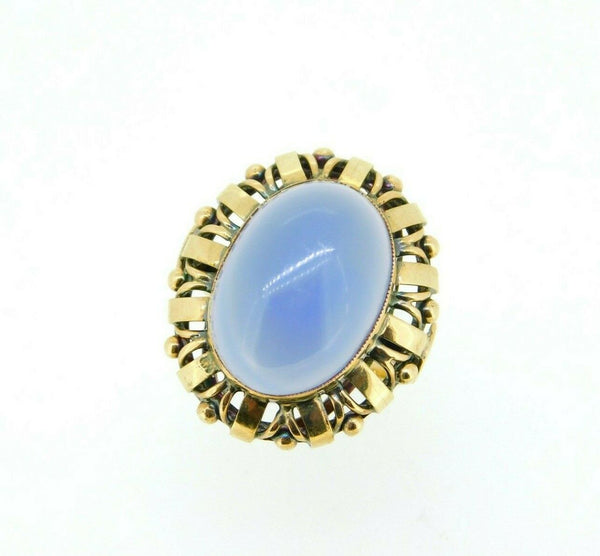 14k Yellow Gold Large Retro Blue Genuine Natural Chalcedony Ring (#J5101)