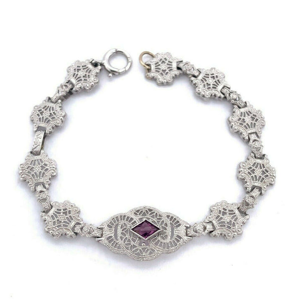 10k White Gold Filigree Child's Bracelet Purple Paste Stone 5 3/4" (#J5136)