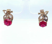 Vintage 14k Yellow Gold Synthetic Ruby and Diamond Earrings (#J5142)