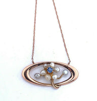 Art Nouveau 14k Rose Gold Sapphire and Pearl Flower Pendant (#J5150)