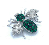 18k White Gold Bee Fly Brooch Pin Genuine Natural Emeralds and Diamonds (#J5195)