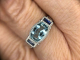 10k White Gold Aquamarine Filigree Ring with Synthetic Sapphires (#5284)
