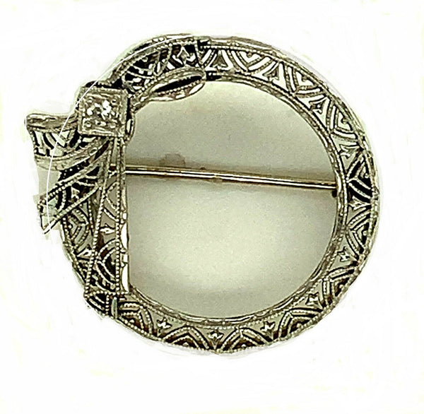 14k White Gold Filigree Circle Ribbon Genuine Natural Diamond Pin (#J5293)