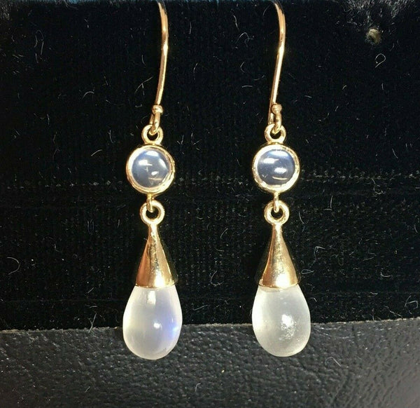 14k Yellow Gold Blue Flash Genuine Natural Moonstone Earrings (#J5300)