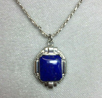 10k White Gold Art Deco Genuine Natural Lapis Lazuli Pendant (#J5317)