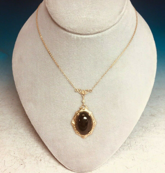 14k Yellow Gold Genuine Natural Garnet Cabochon Filigree Necklace (#J5322)