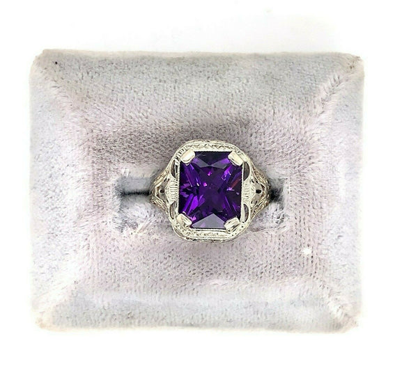 14k White Gold Art Deco Filigree 2.87ct Genuine Natural Amethyst Ring (#J5334)
