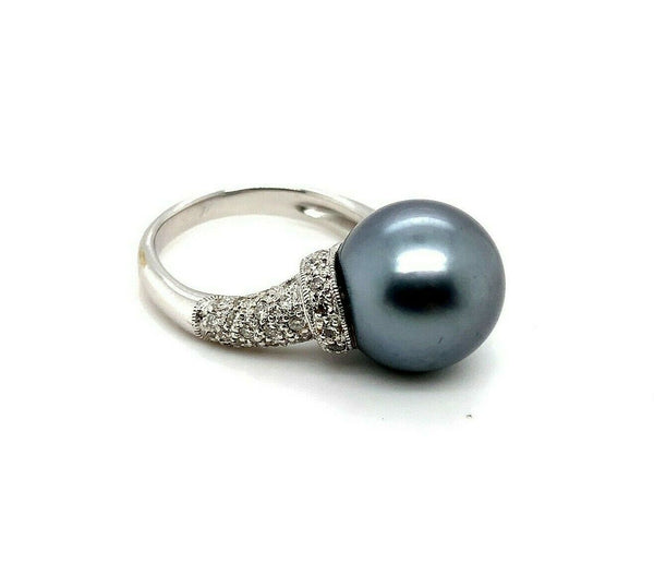 18k White Gold 12mm Tahitian Black Pearl and Pave Diamonds (#J5343)