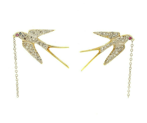 18k Yellow Gold Genuine Natural Diamond Bird Swallow Earrings (#J5344)