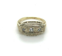 14k White Gold Filigree Genuine Natural Three Diamond Ring w/Platinum Top #J5351